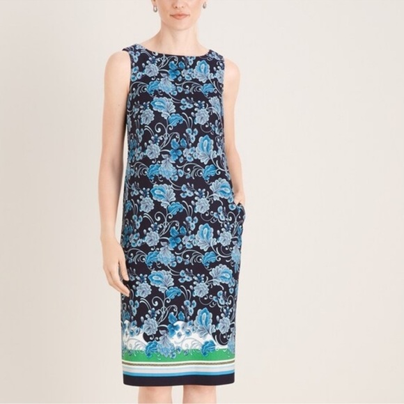 Chico’s Women’s Sz 1 (M/8) Blue Floral Ponte Sleeveless Shift Dress Border Print - Picture 1 of 7